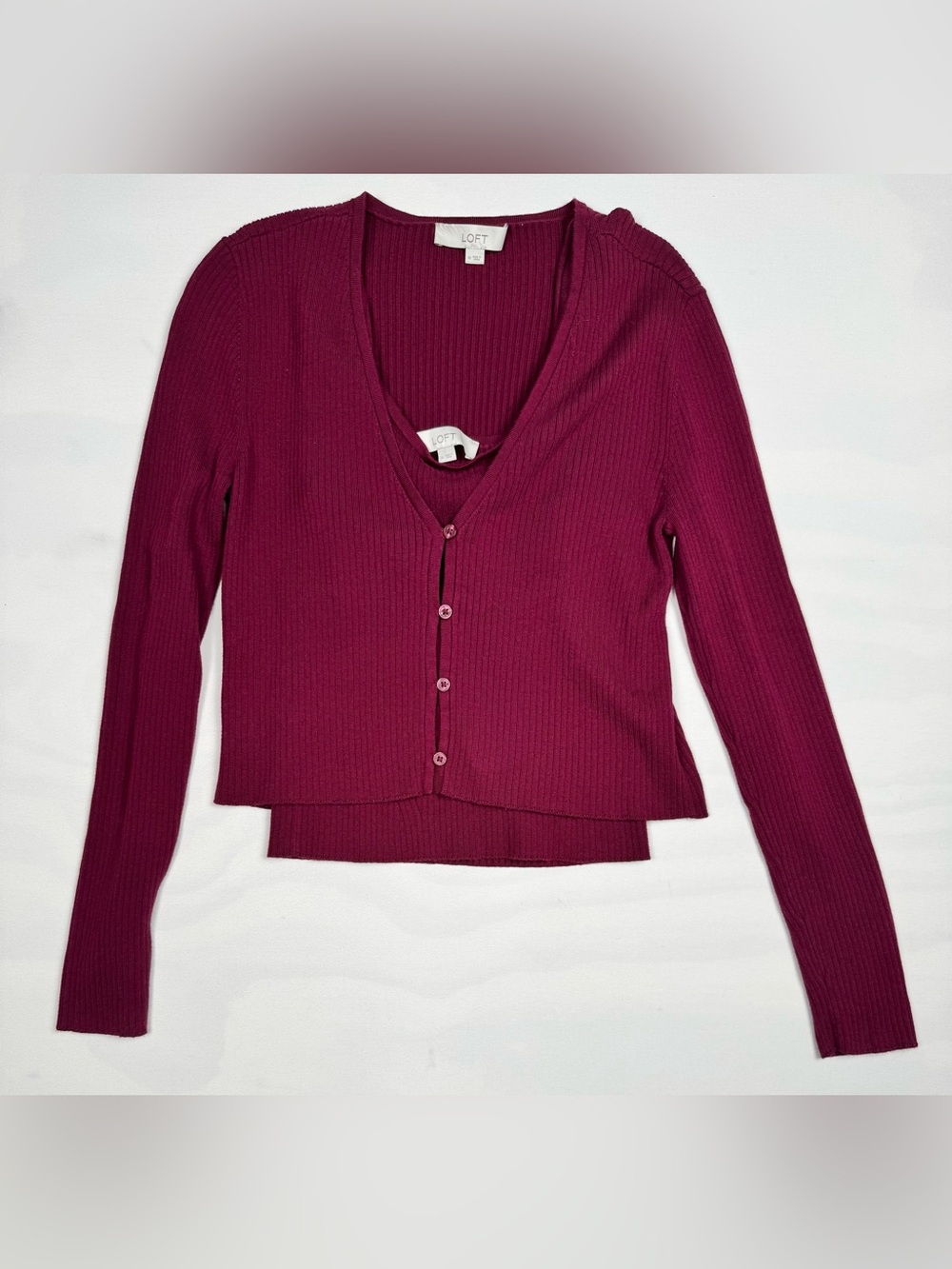 Loft Ribbed Knit Twinset Cardigan Cami Maroon Women’s M